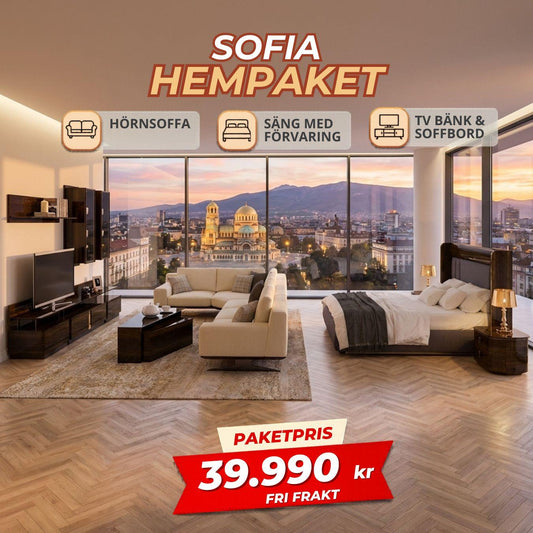 1️⃣4️⃣ SOFIA HemPaket  (Elegant Hörnsoffa – Lisa TV-Bänk med överdelen– Soffbord – Favor Säng med förvaring)