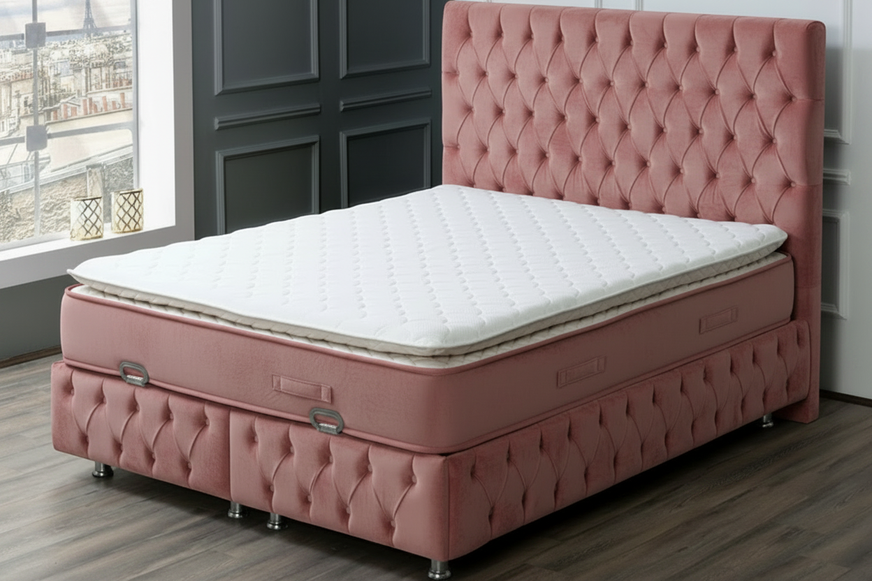 🎯 Pirlanta Säng-Huvudgavel-Förvaring med Madrass - 160x200 / Rosa