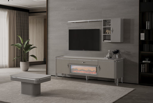INCI Grey TV-Bänk med Elkamin + Soffbord