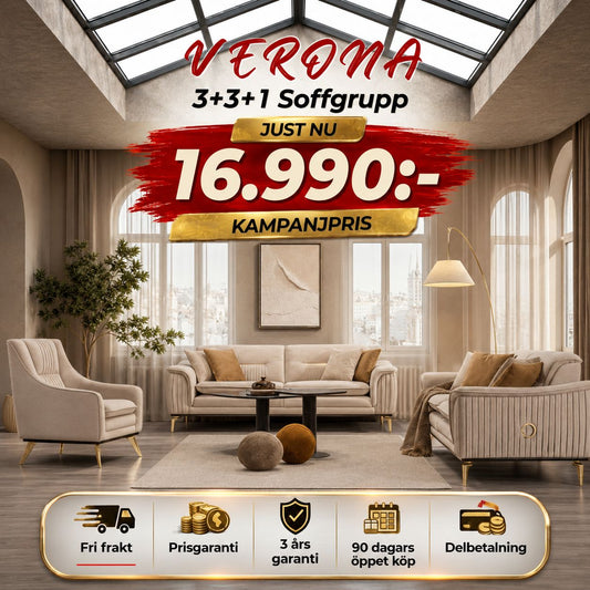 🎯 Verona 3+3+1 Soffgrupp - Grå med Guld Ben