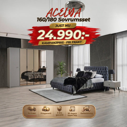 Acelya Sovrumsset (160cm/180cm Säng-2st Sängbord-Sminkbord-Spegel) – kampanjpris