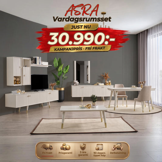 Asra Vardagsrumsset - (Matbord med 6st Stolar-Soffbord-Tv Bänk) – kampanjpris