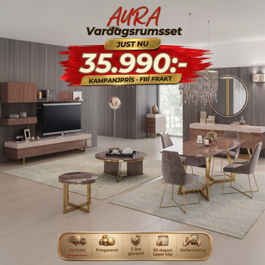 Aura Vardagsrumsset - (Matbord med 6st Stolar-Soffbord-Tv Bänk) – kampanjpris