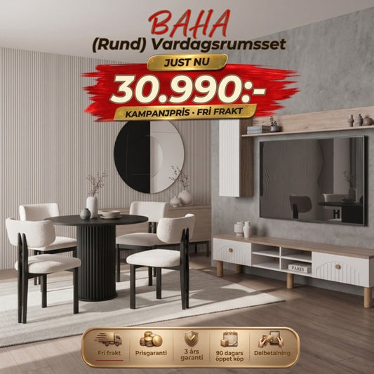 Baha (Rund) Vardagsrumsset - (Rund Matbord med 6st Stolar-Soffbord-Tv Bänk) – kampanjpris