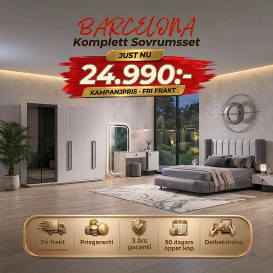Barcelona Sovrumsset( Säng-2 st sängbord-Sminkbord-Spegel) – kampanjpris
