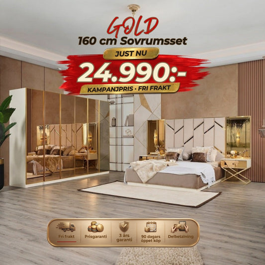 Gold Sovrumsset (160 cm Säng-2st Sängbord-Sminkbord-Spegel) – kampanjpris