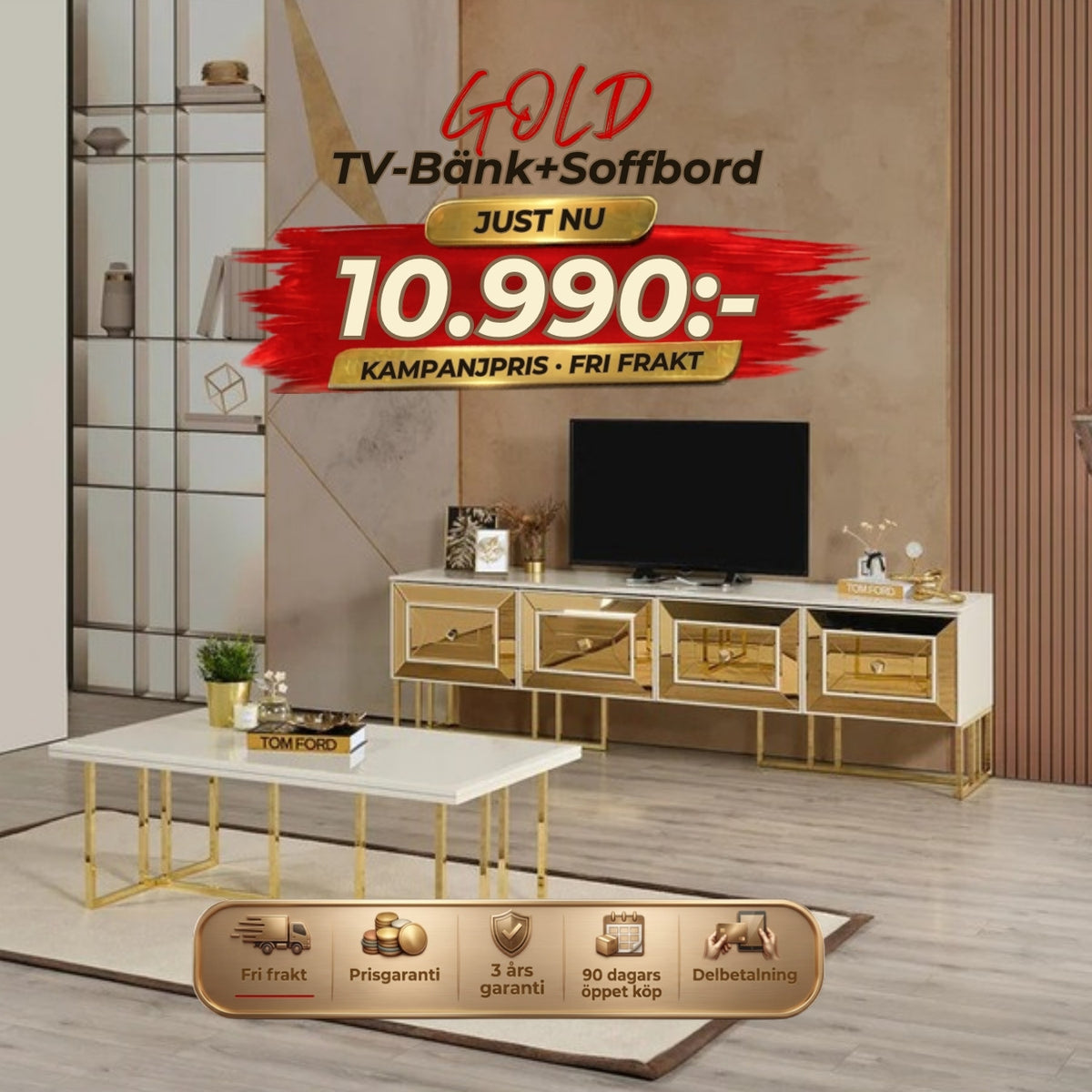 Gold TV-Bänk+Soffbord – kampanjpris