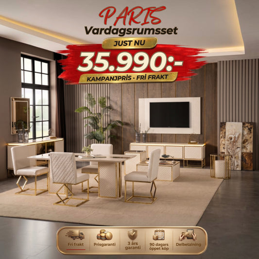 Paris Vardagsrumsset - (Matbord med 6st Stolar-Soffbord-Tv Bänk) – kampanjpris