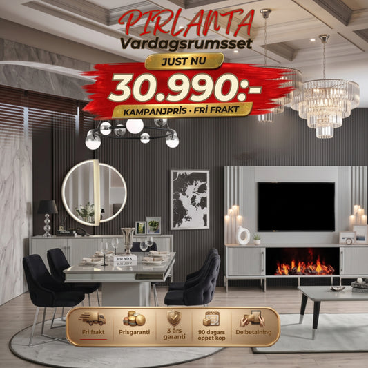 Pirlanta Vardagsrumsset - (Matbord med 6st Stolar-Soffbord-Tv Bänk med Överdelen) – kampanjpris