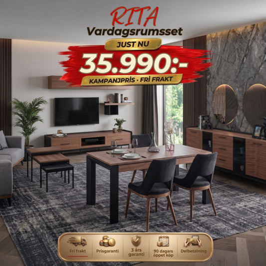 Rita Vardagsrumsset - (Matbord med 6st Stolar-Soffbord-Tv Bänk) – kampanjpris