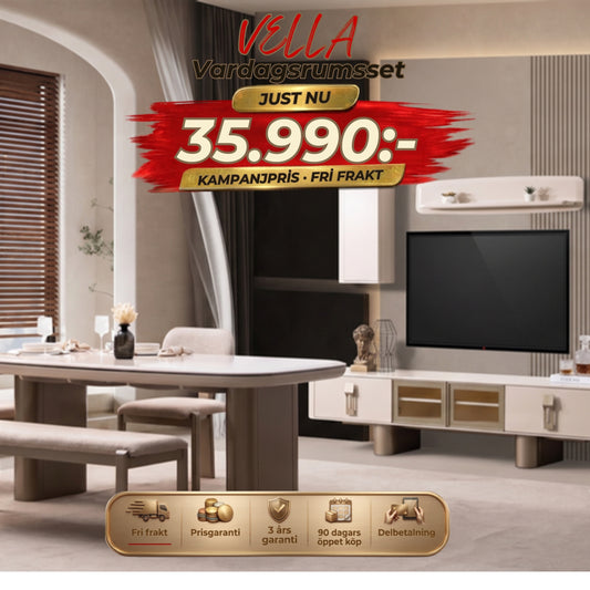Vella Vardagsrumsset - (Matbord med 6st Stolar-Soffbord-Tv Bänk) – kampanjpris