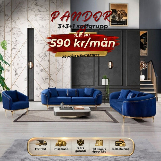 💥Pandora 3+3+1 Soffgrupp ⏳Specialerbjudande | Endast 6 kvar 590 kr/mån