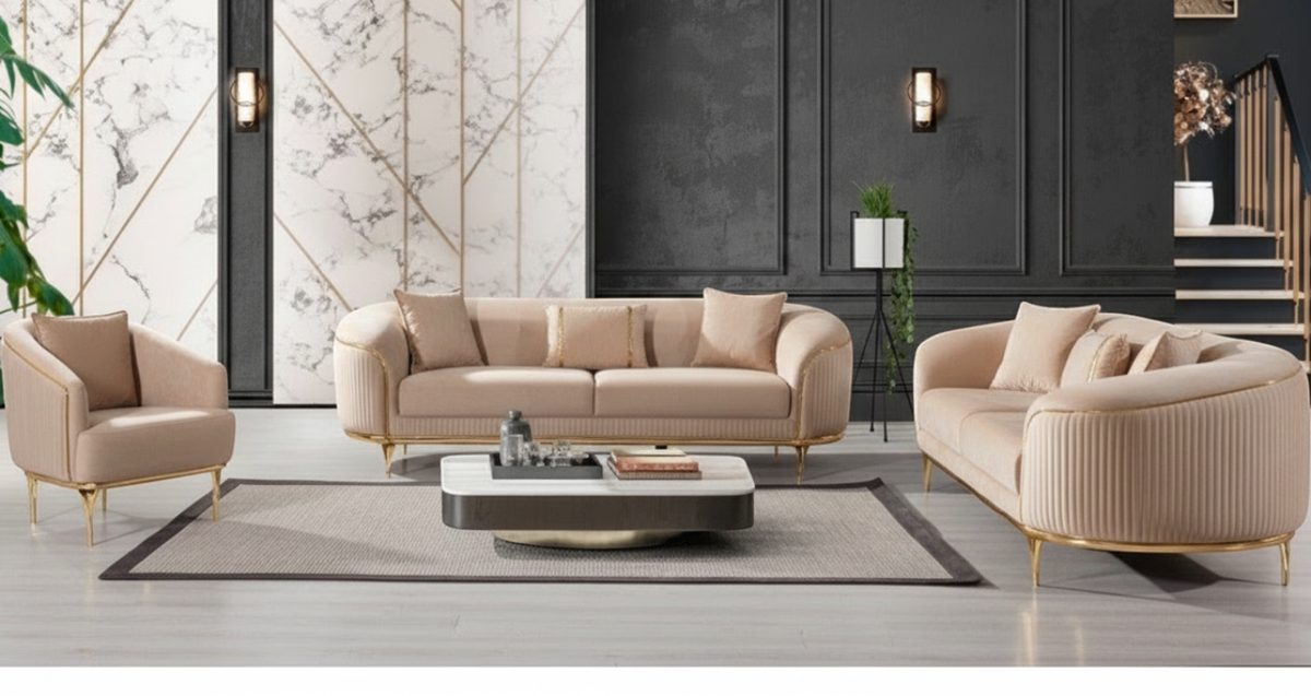 Pandora 3+3+1 Soffgrupp - Beige med Guld Ben