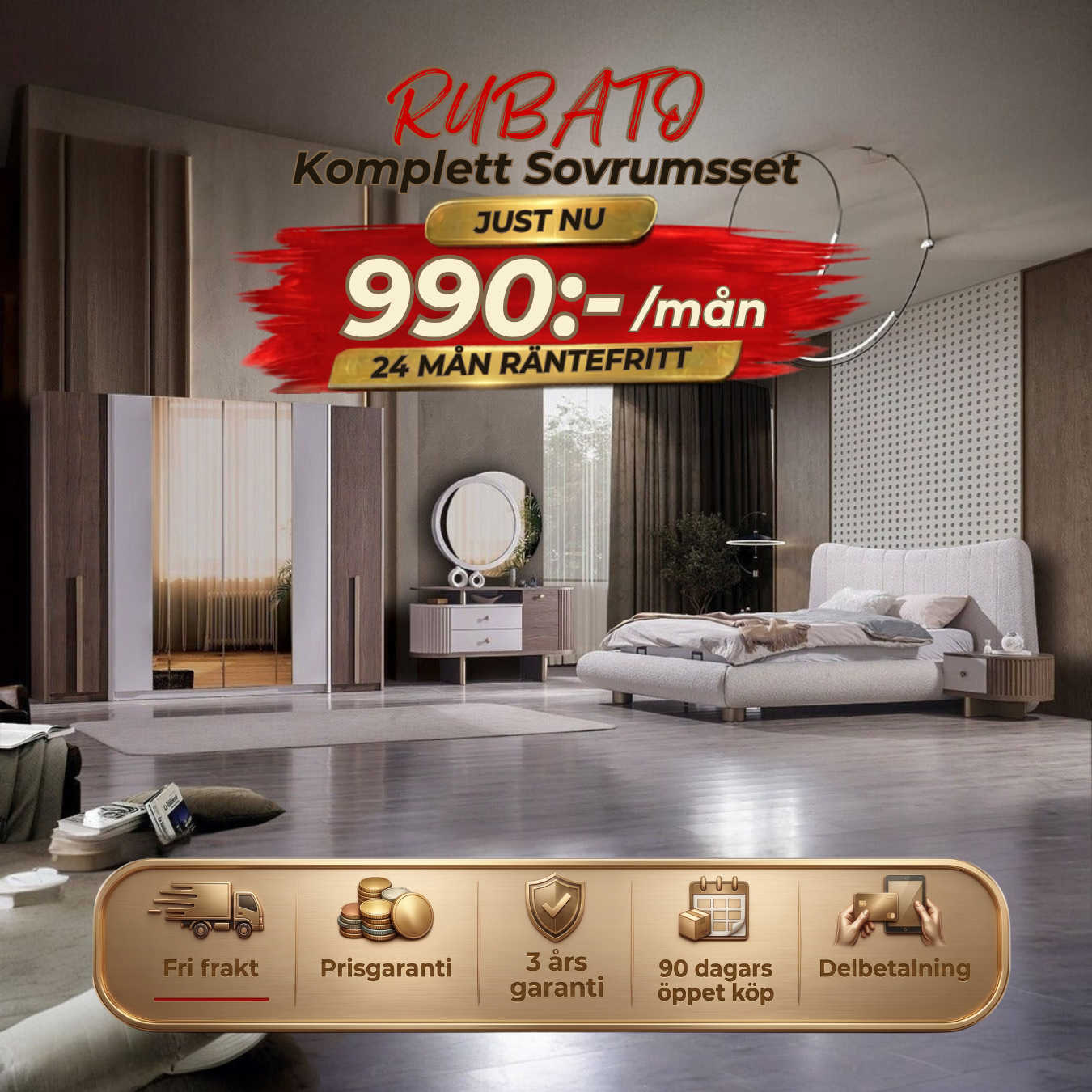 Rubato Sovrumsset ( bed+ 2 st bedside table+ Sminkbord )