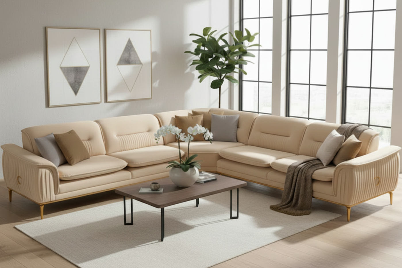 🎯 Verona Hörnsoffa - Beige med Guld Ben