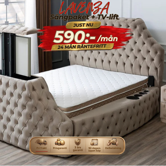 ⭐ LAVENZA Bedpaket – with storage, headboard, TV-lift and mattress ⏳ Begränsat antal – passa på!